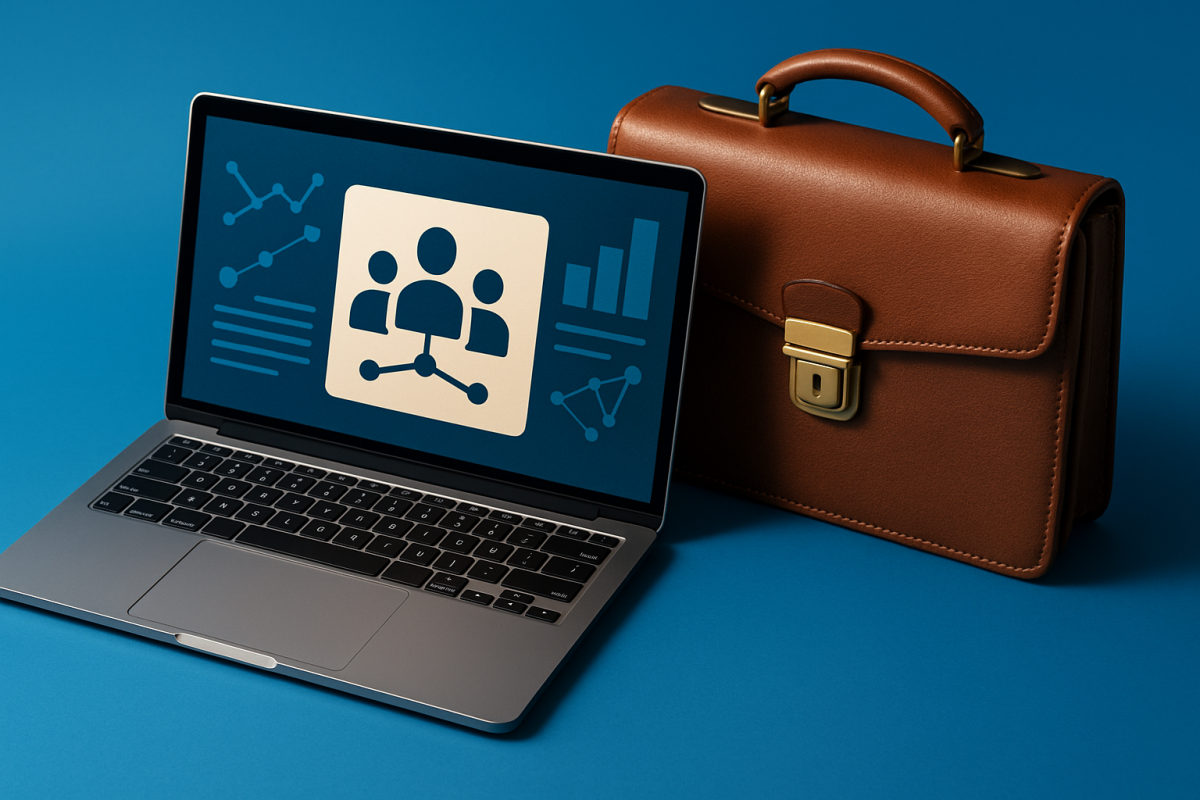 Um laptop mostrando dados sobre networking ao lado de uma pasta executiva.