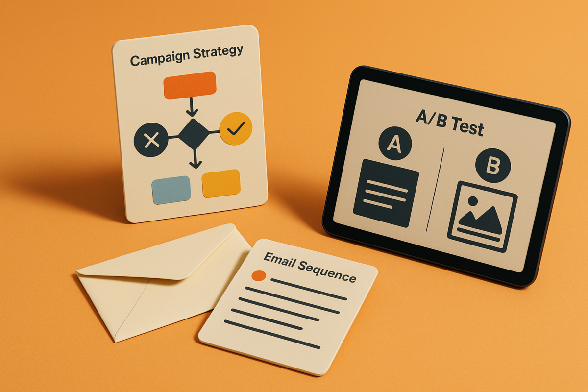 Materiais de marketing sobre estratégias e testes A/B