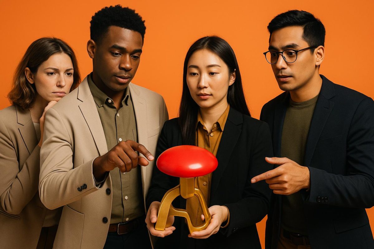 Grupo de pessoas avaliando um objeto de design em frente a um fundo laranja.