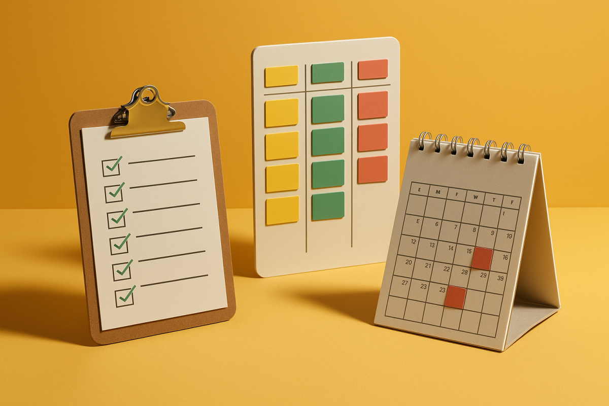 materiais de organização como planner e checklists