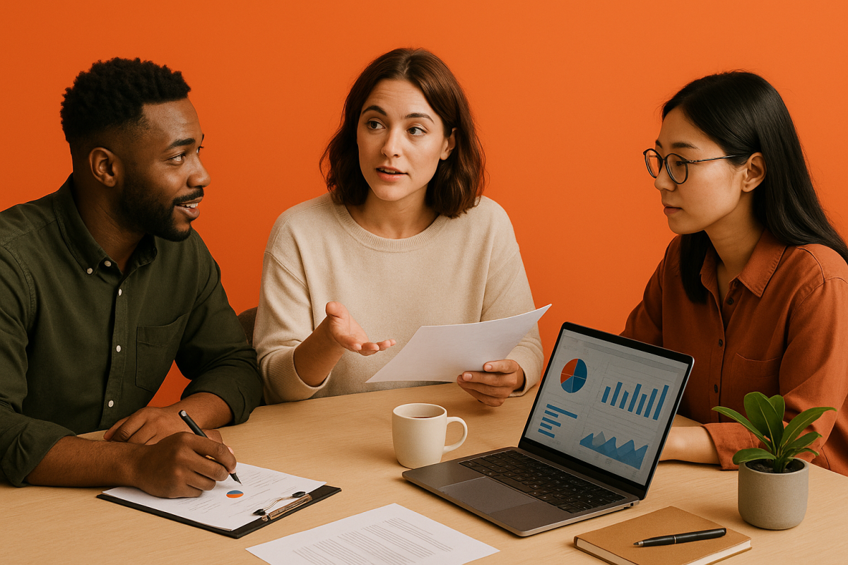 Equipe discutindo pautas de reunião com gráficos em um laptop