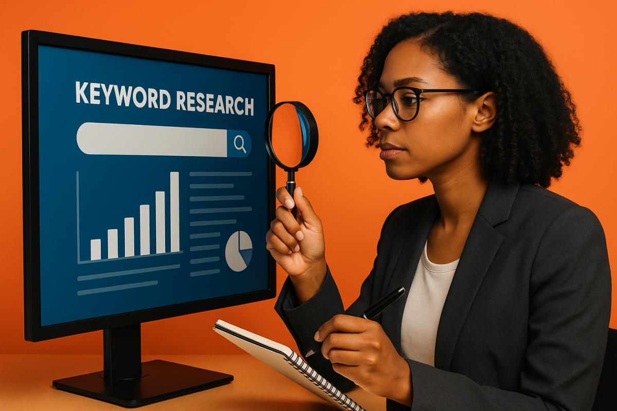 Mulher analisando dados de pesquisa de palavras-chave em monitor.