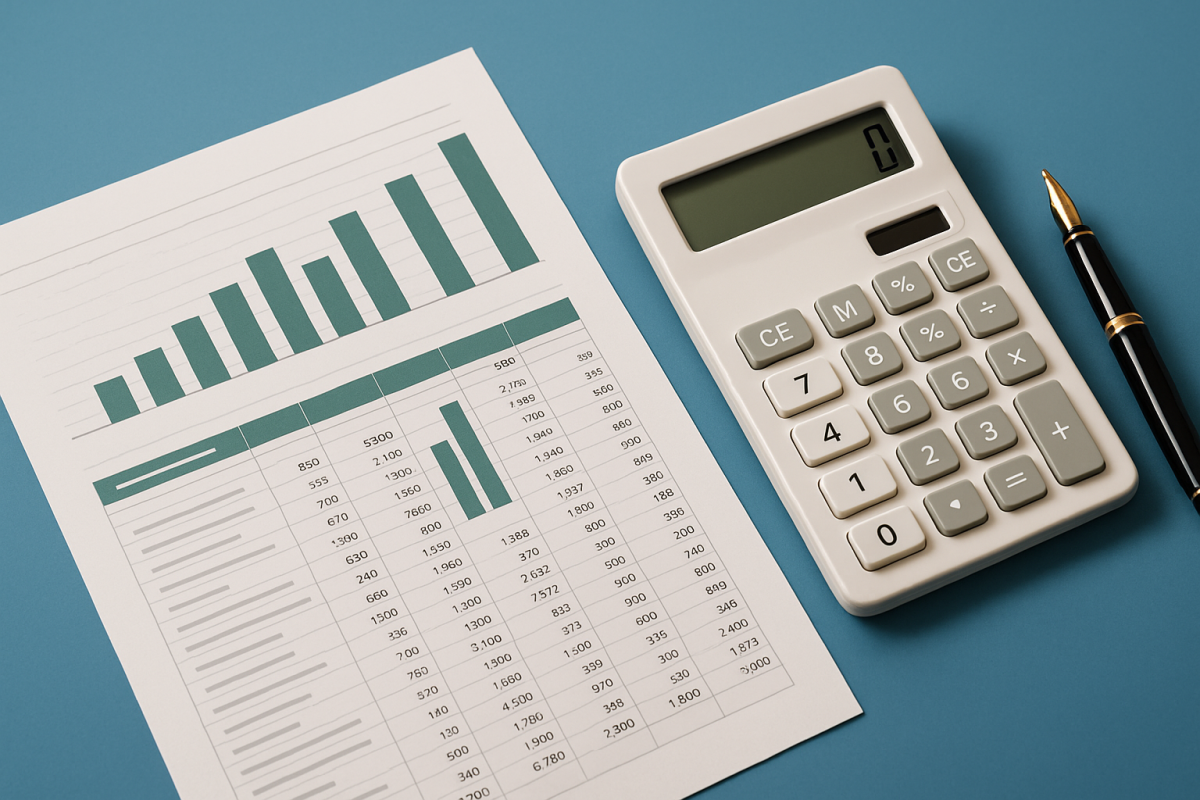 calculadora e relatórios financeiros sobre mesa