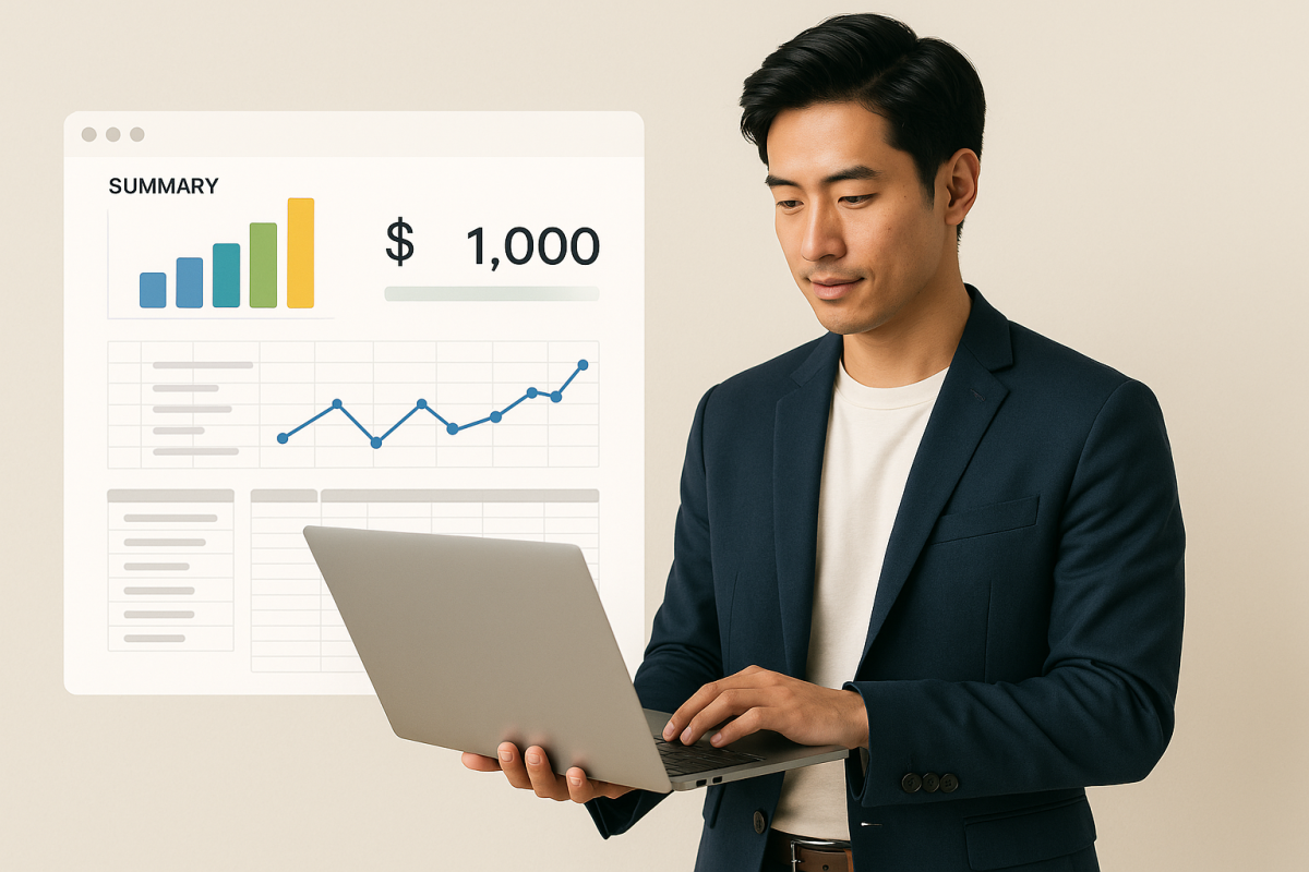 Homem analisando dados financeiros em laptop