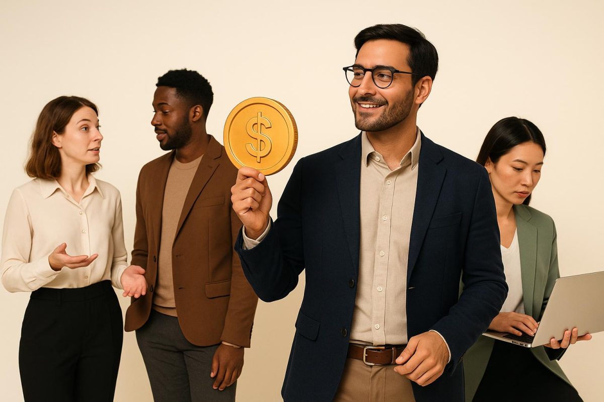Grupo de profissionais discutindo negócios com moeda de dólar.