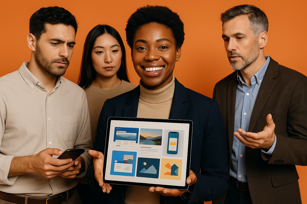 grupo de pessoas discutindo design em um tablet