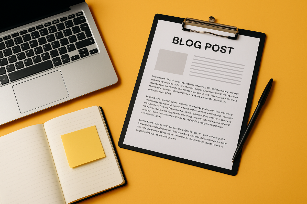layout de blog post em uma mesa amarela