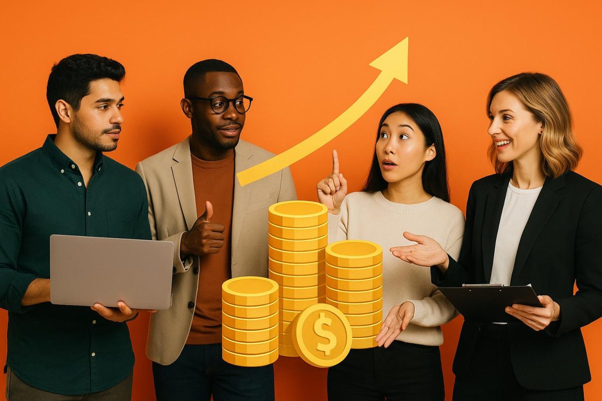 Quatro profissionais discutindo sobre finanças