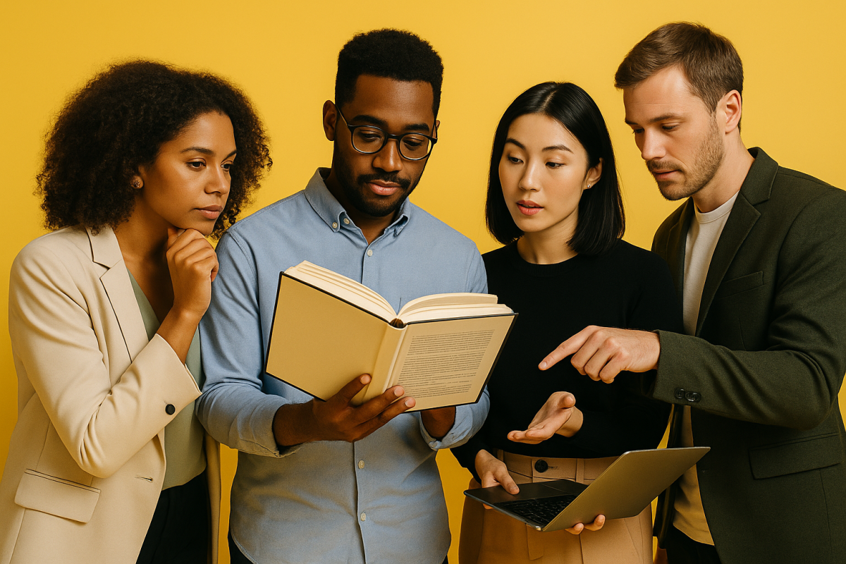 Quatro pessoas lendo e discutindo conteúdo de um livro