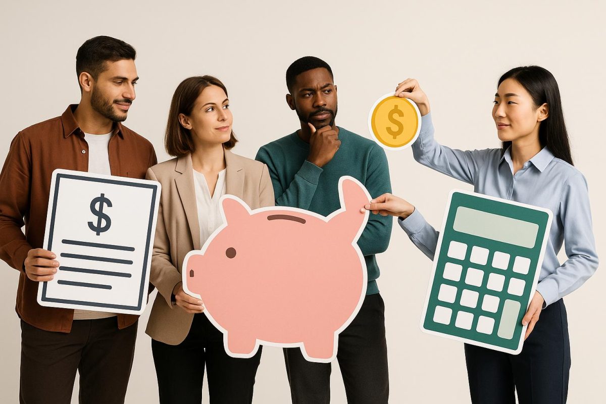 Grupo de pessoas discutindo finanças com cartazes.