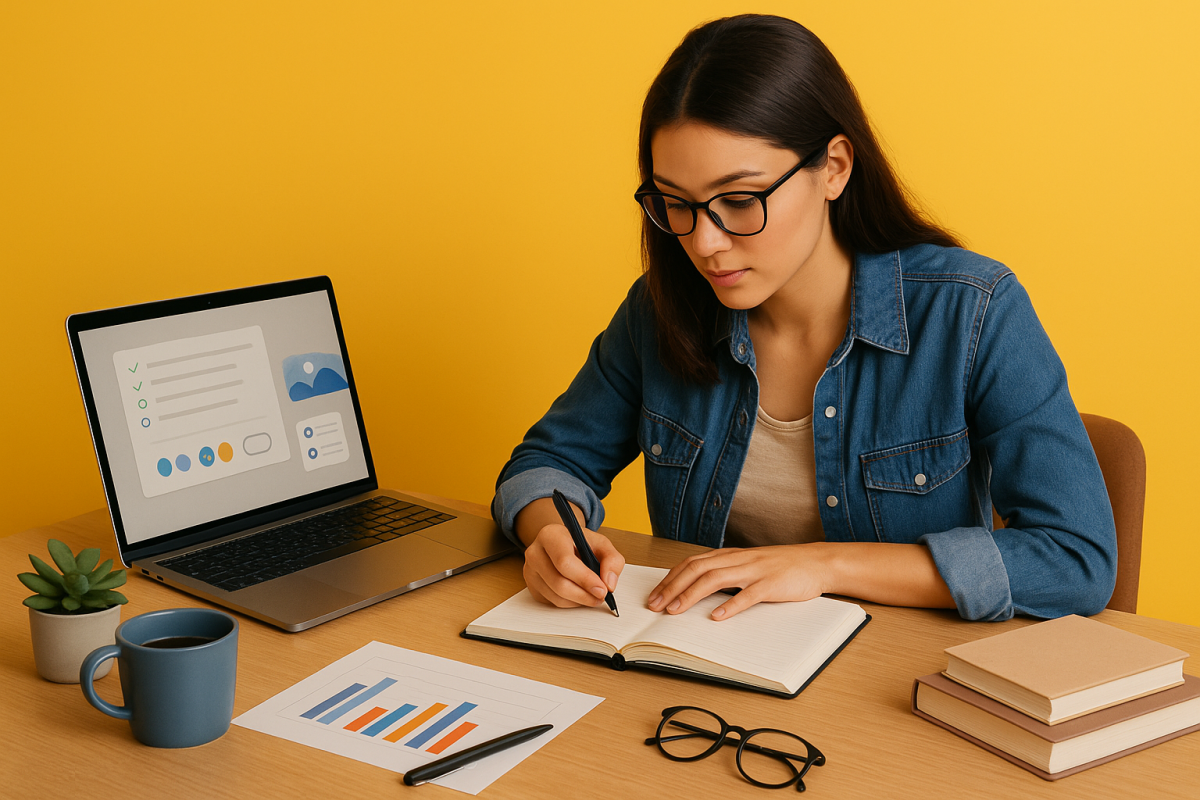 Mulher estudando com um laptop e anotações em uma mesa
