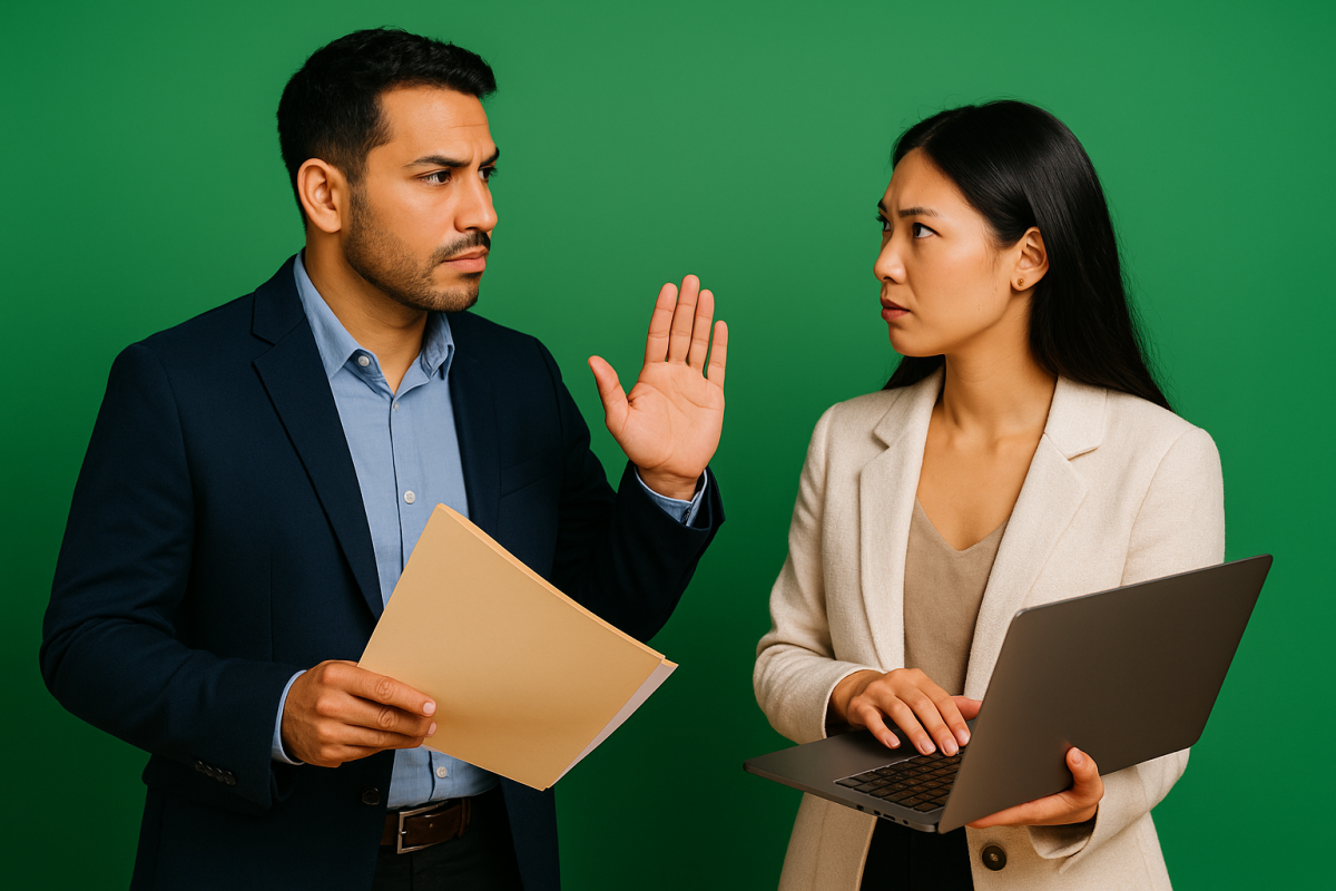 Negociações tensas entre dois profissionais.