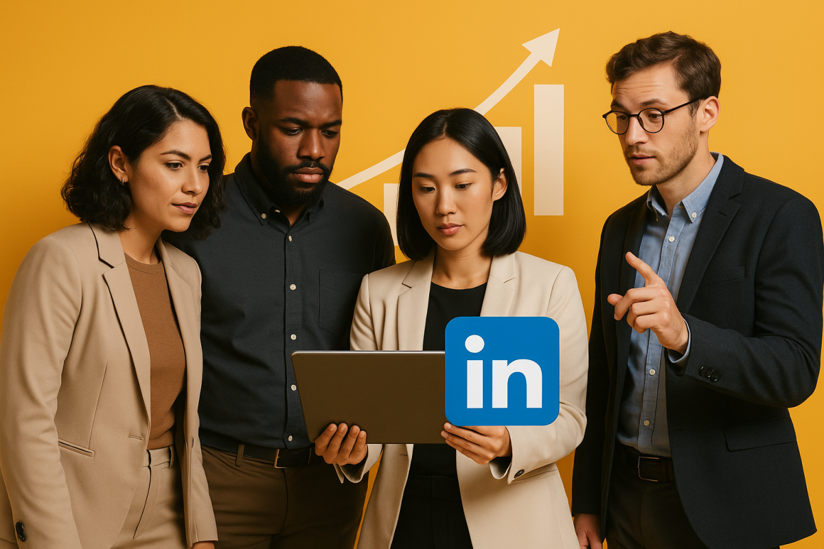 Grupo de profissionais discutindo sobre LinkedIn Pulse