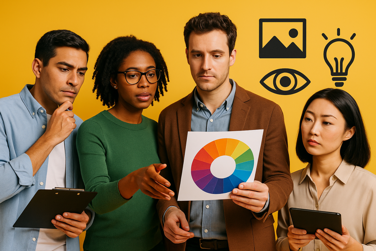 Grupo de pessoas analisando um gráfico colorido.