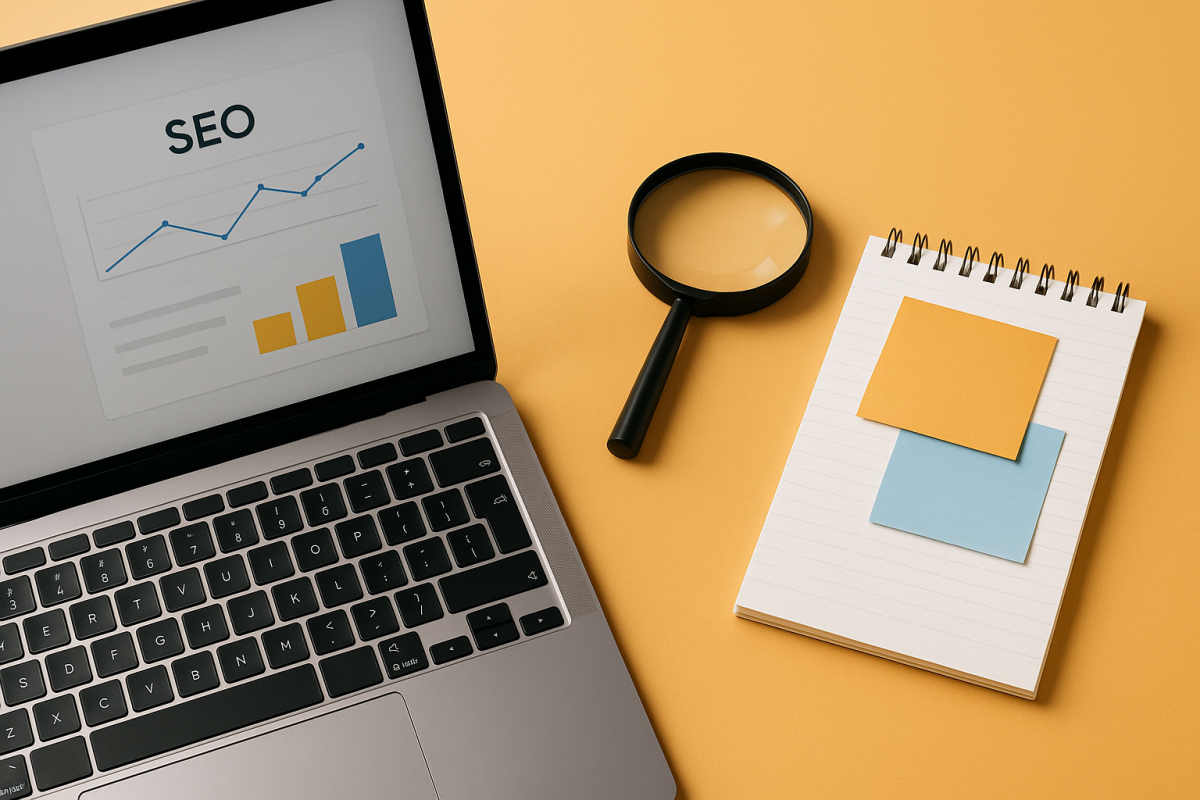 laptop, lupa e bloco de notas sobre fundo amarelo