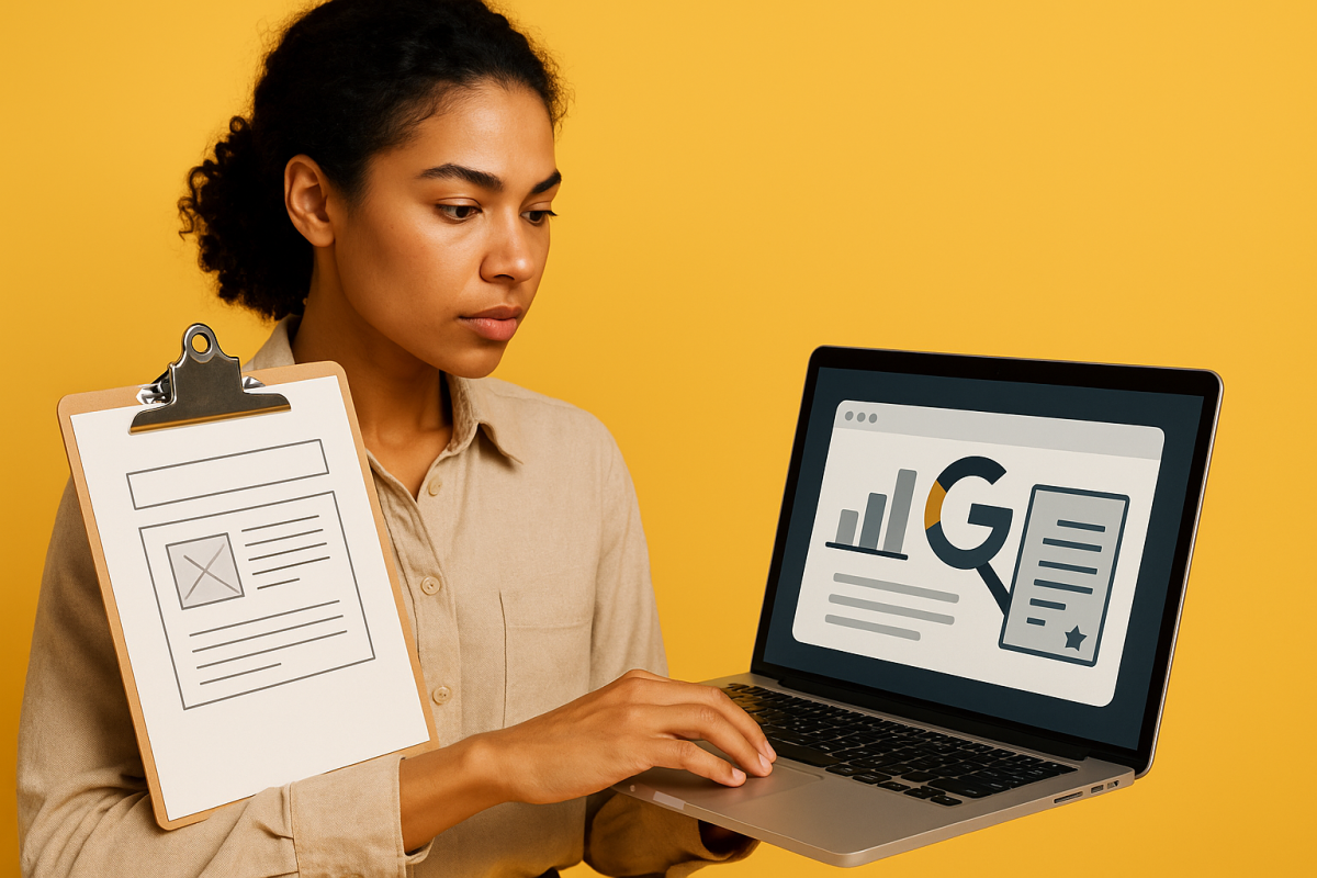 Mulher segurando clipboard e laptop com gráficos e textos.