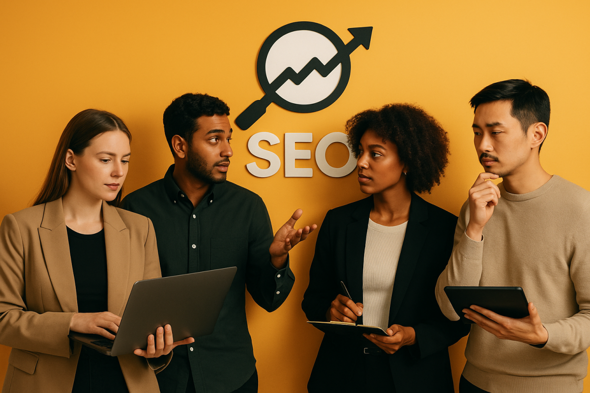 quatro profissionais discutem estratégias de SEO em frente a uma parede amarelada
