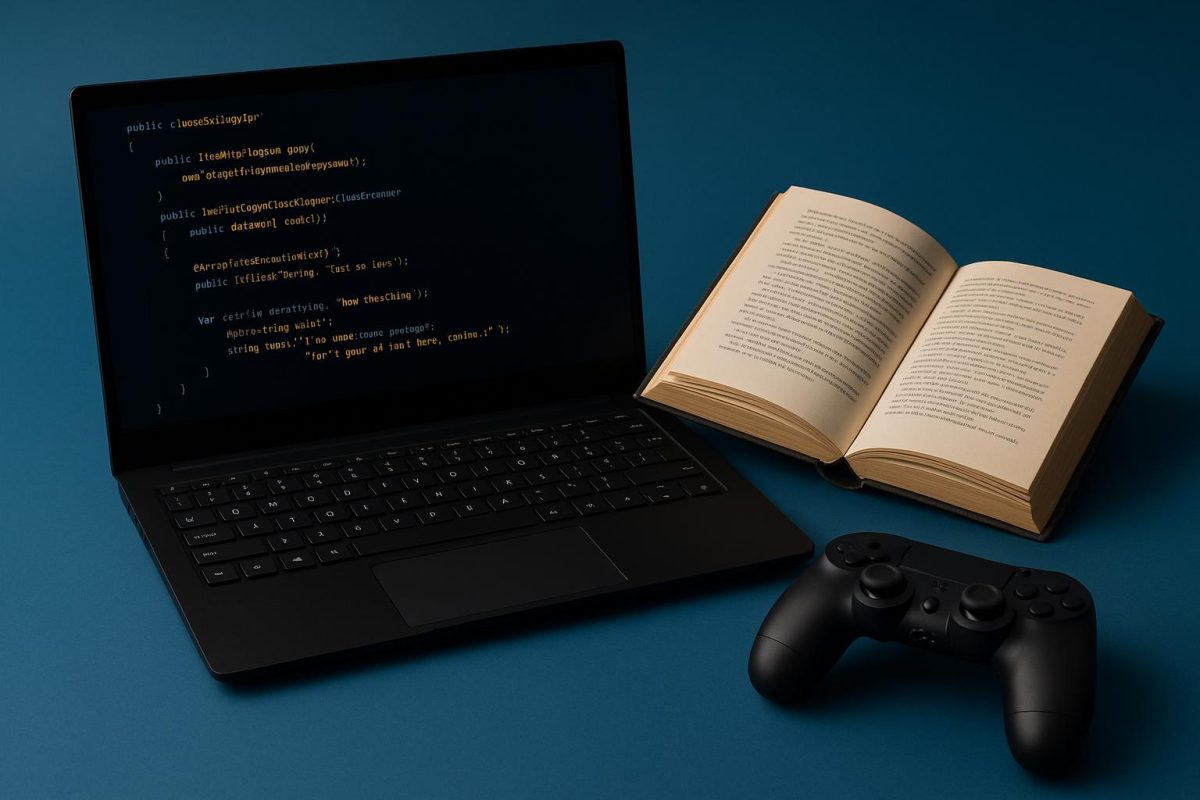 Computador com código e livro aberto ao lado de controle de videogame.