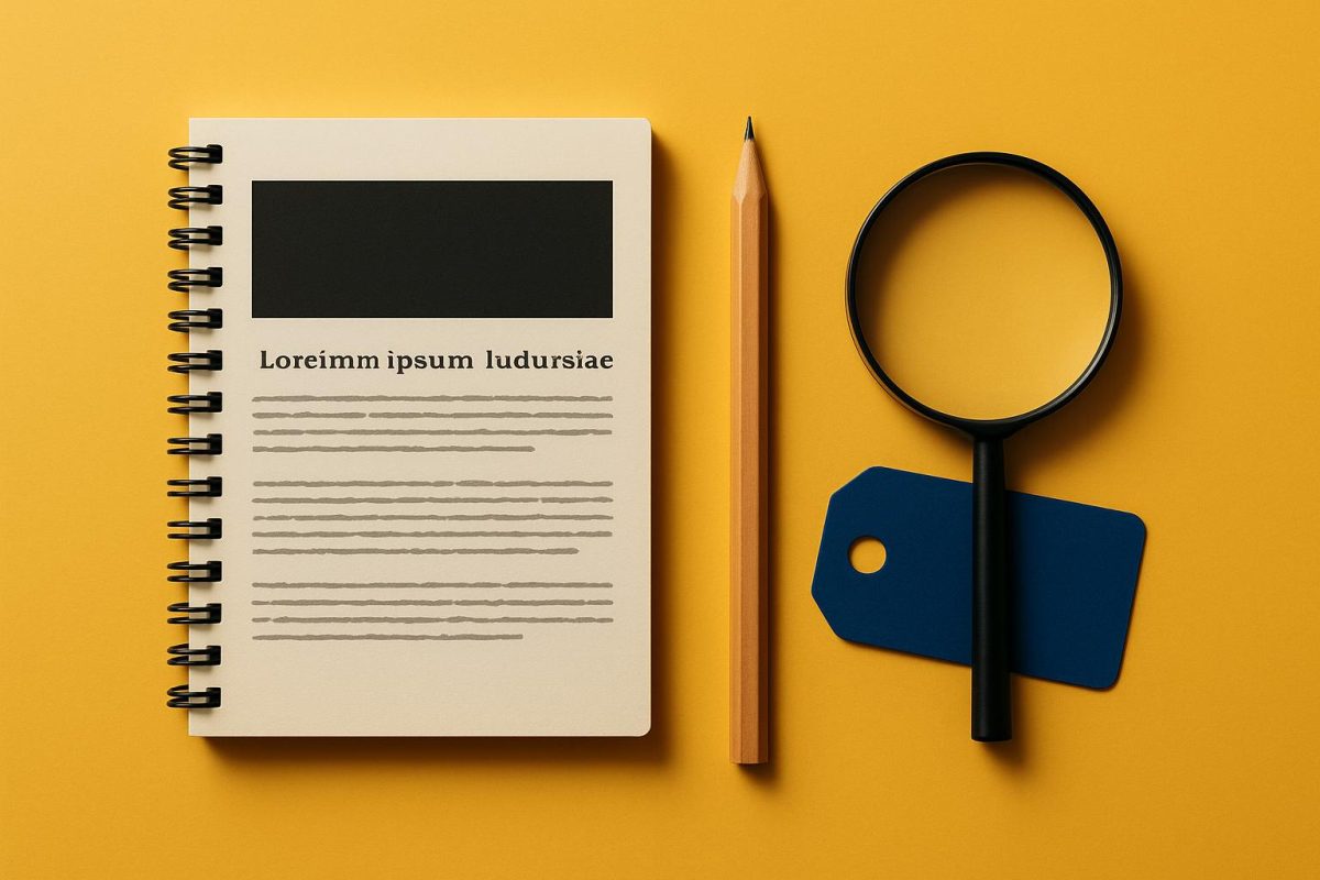caderno, lápis e lupa sobre fundo amarelo