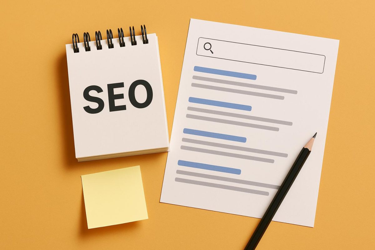 Caderno com a palavra SEO e papel em fundo amarelo
