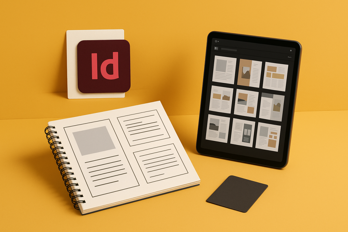 diferentes templates no indesign exibidos em um tablet