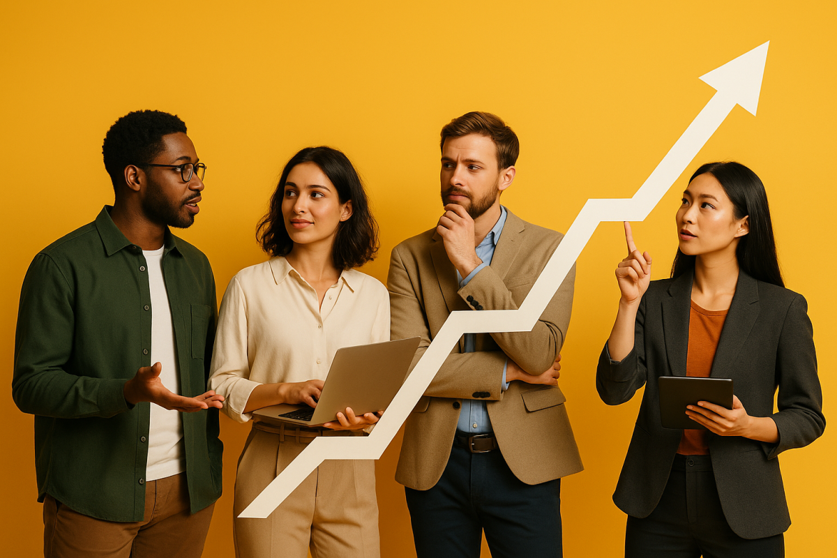 Quatro pessoas discutindo tendências de trabalho com gráficos.