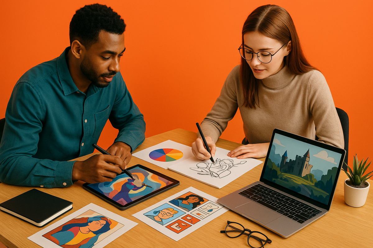 duas pessoas desenhando em mesa com arte e laptop