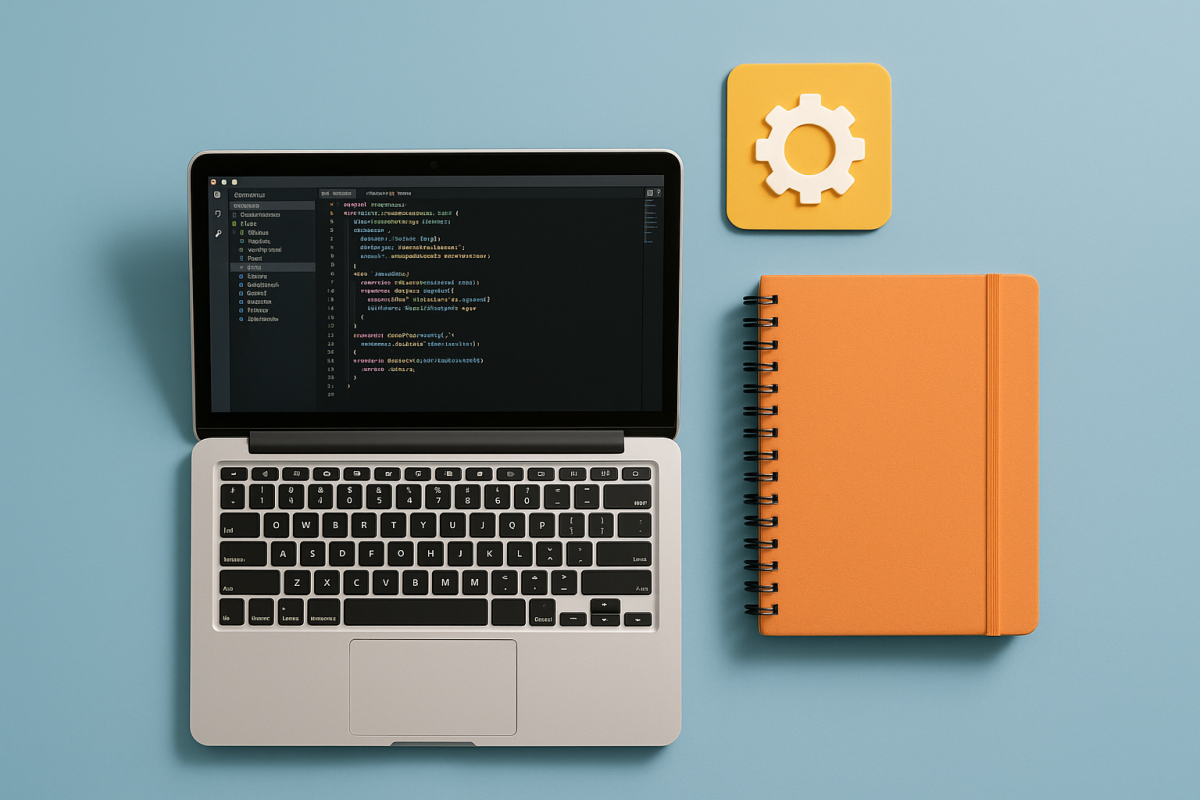 laptop com código, caderno e ícone de engrenagem