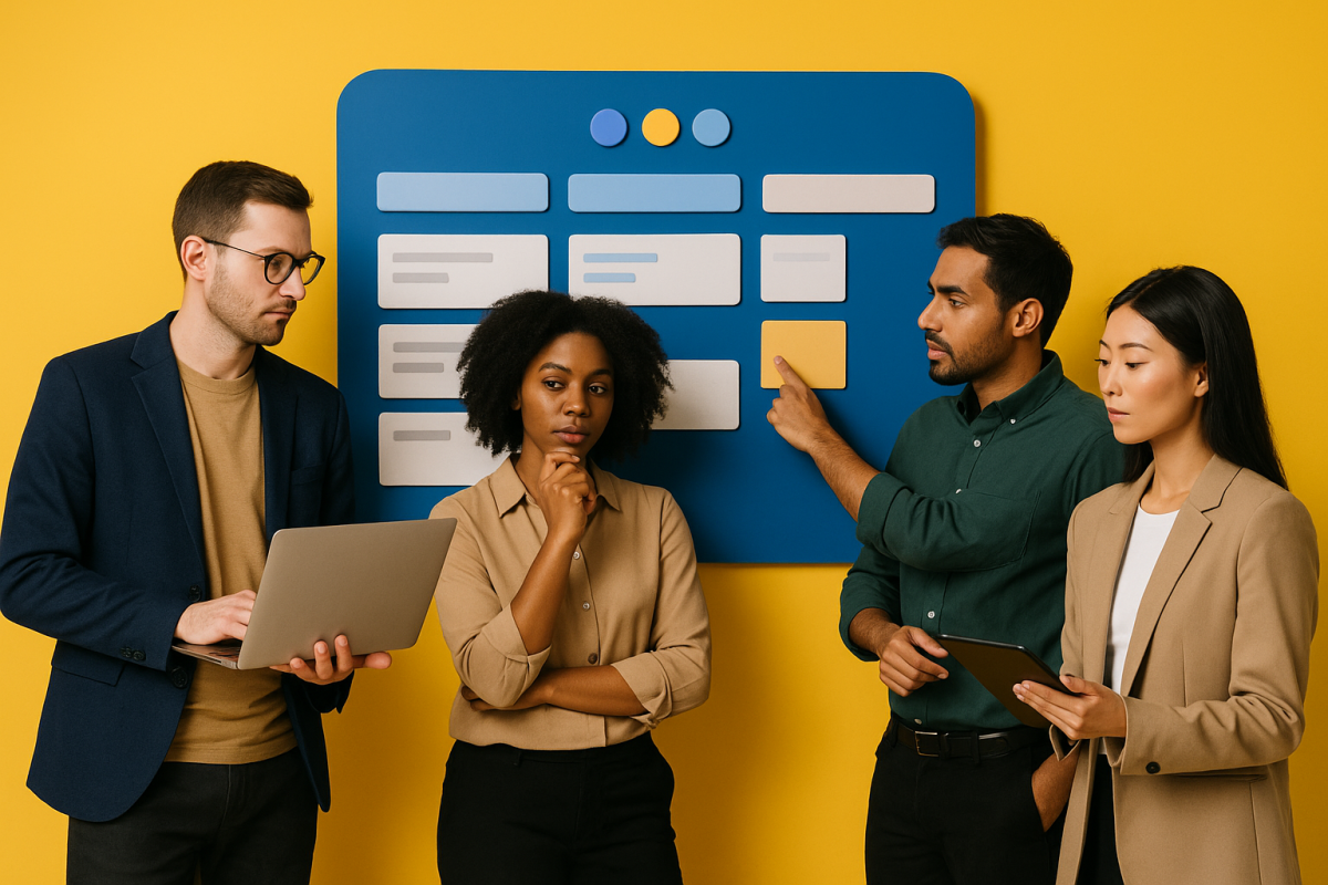 quatro pessoas discutindo sobre um quadro no estilo trello