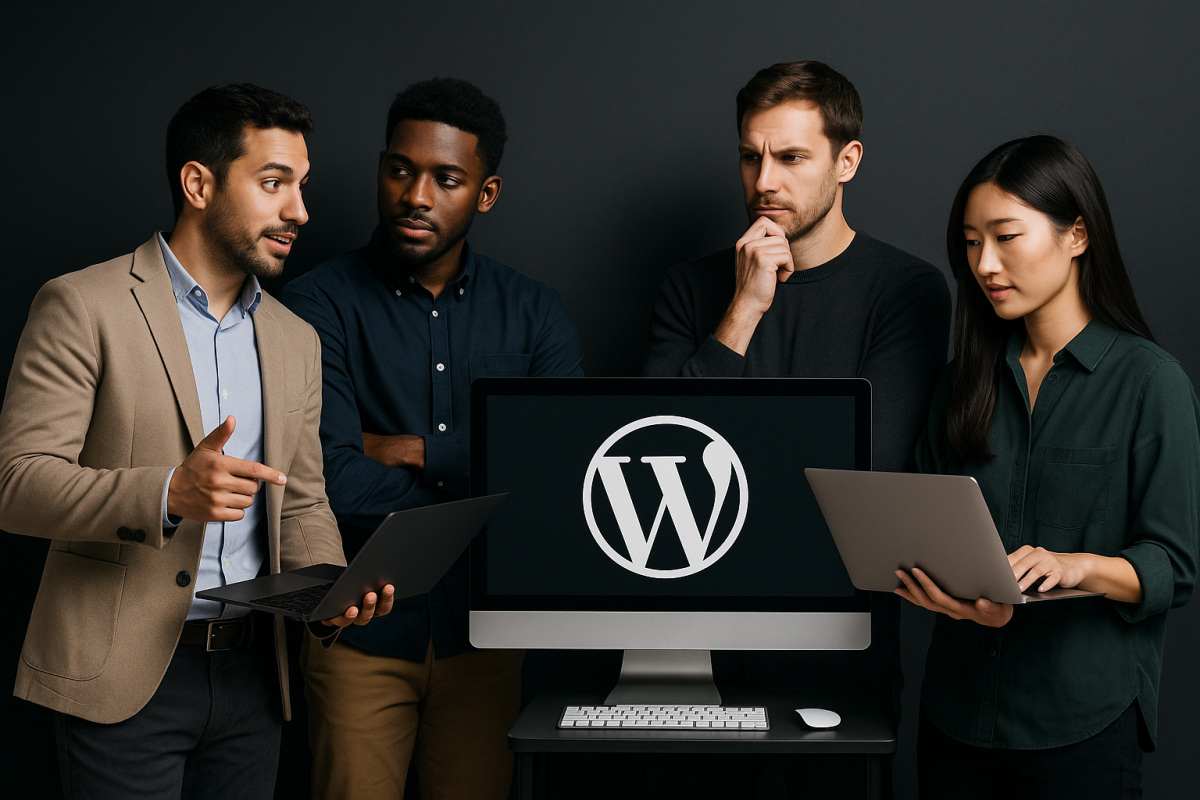 Grupo de desenvolvedores WordPress discutindo em frente a um computador.