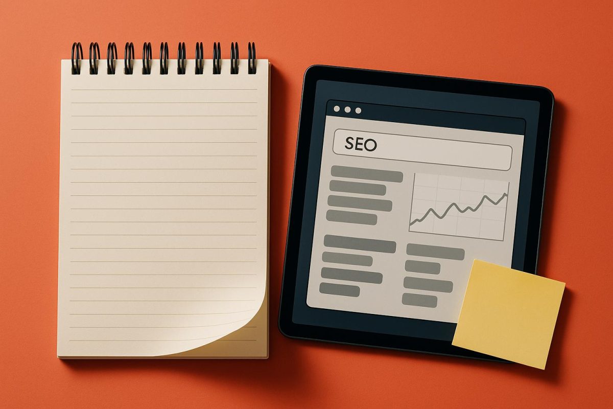 bloquinho ao lado de um tablet com página sobre SEO