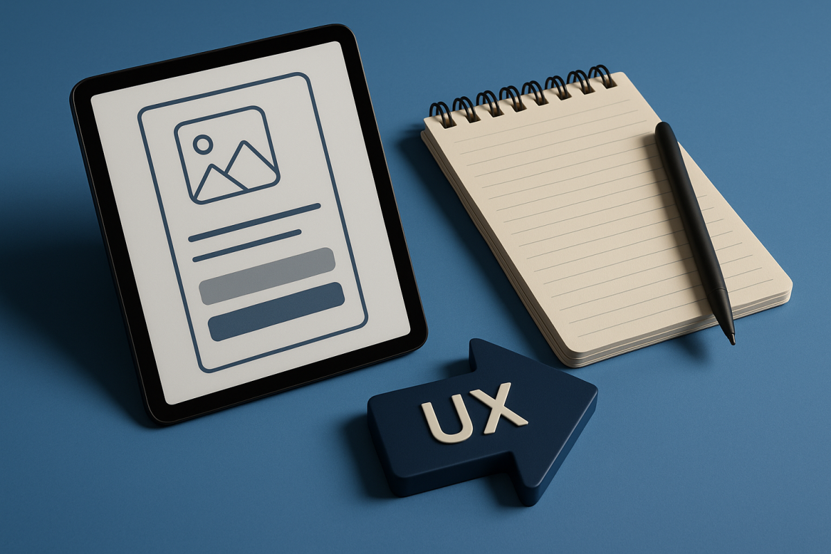 tablet com design UX, caderno e caneta sobre fundo azul
