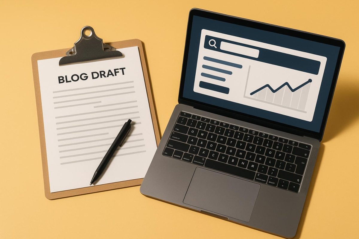 Draft de blog e laptop com gráfico