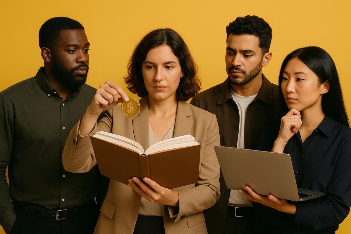 grupo de pessoas analisando livro e moeda