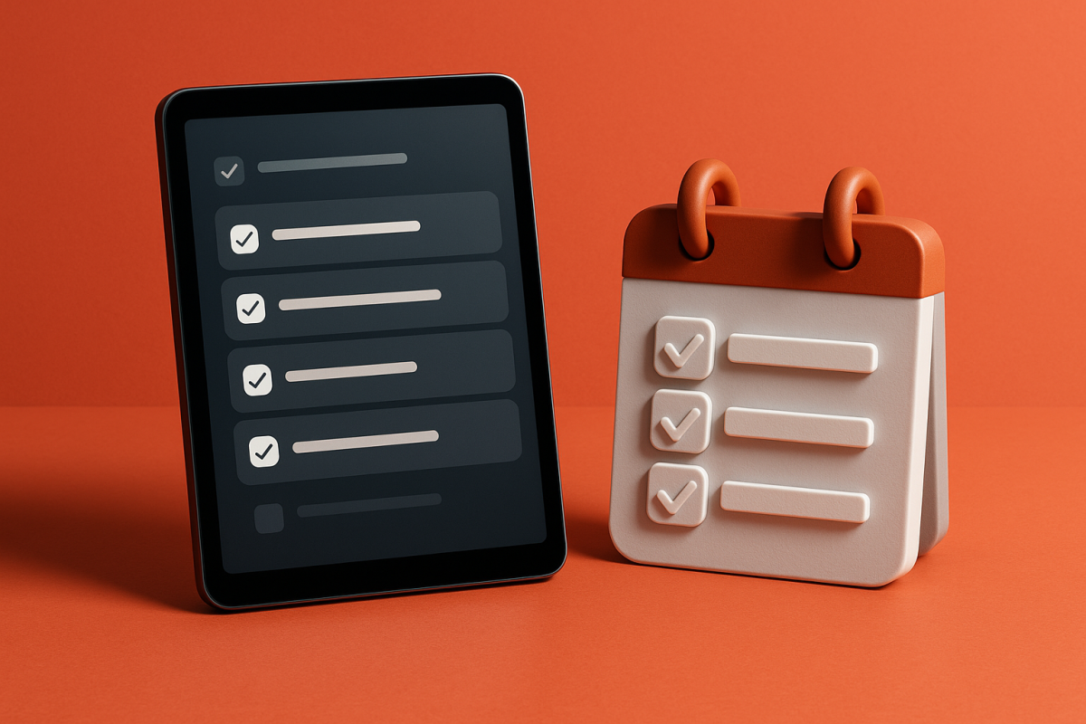 tablet e calendário com listas de tarefas